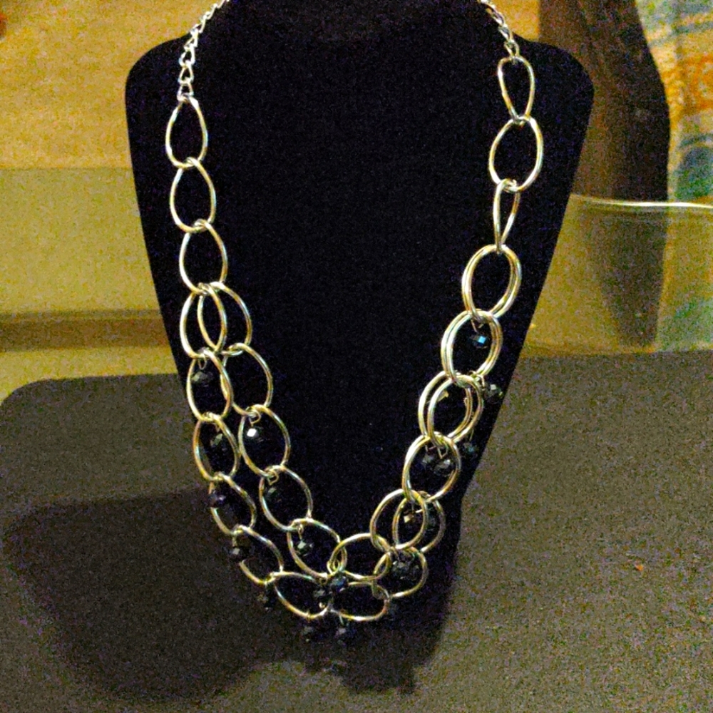 Double layered silver chain with Black accent beads